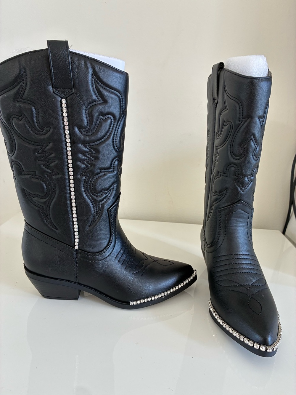 Soda Black Western Rhinestone-Trimmed Heeled Cowboy Boots